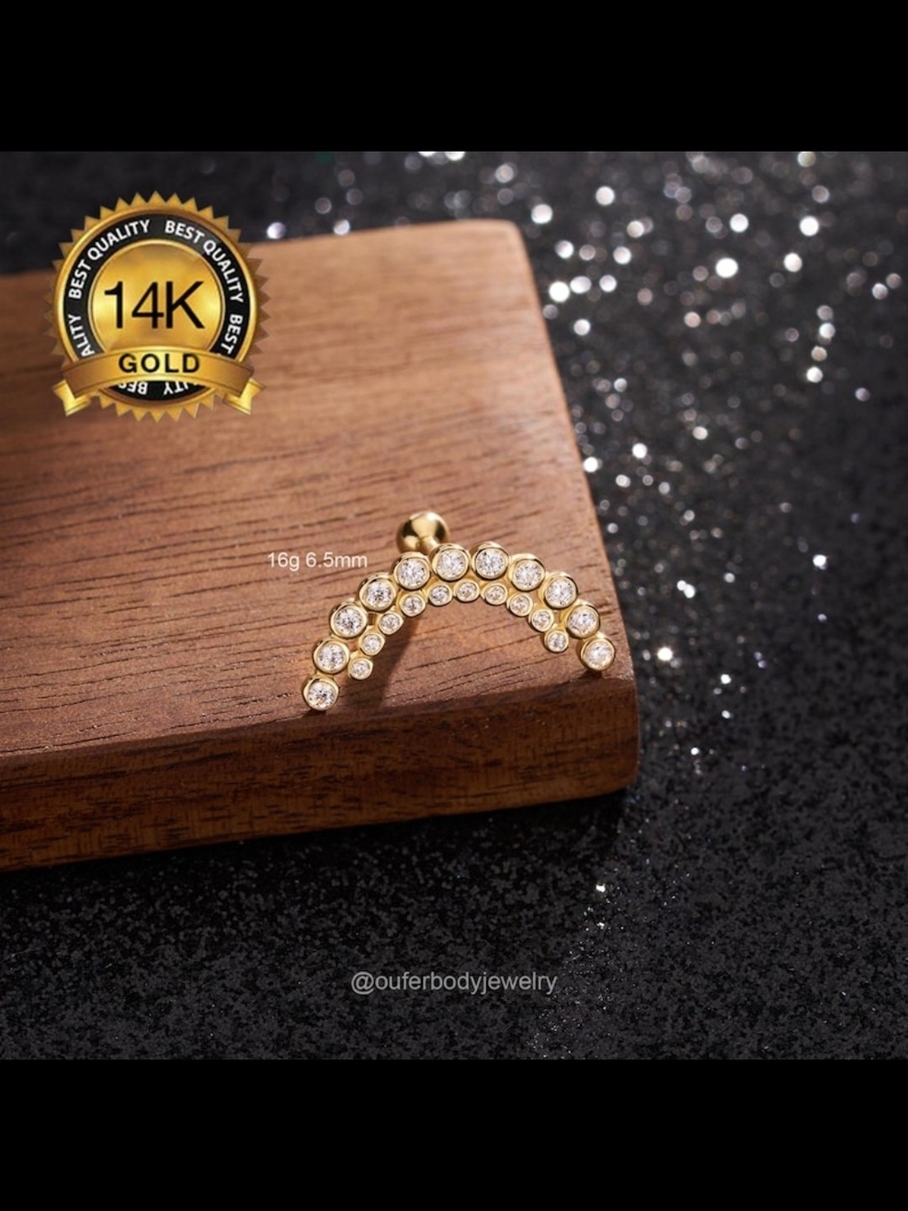 14K Gold CONCH HELIX EAR cubic zirxonia Crescent Stud Earring 16G